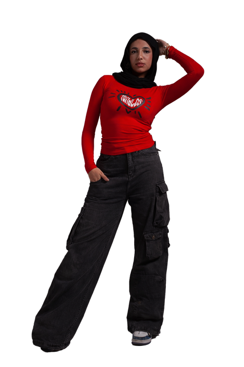 Heart Beat Long Sleeve baby tee(Red)