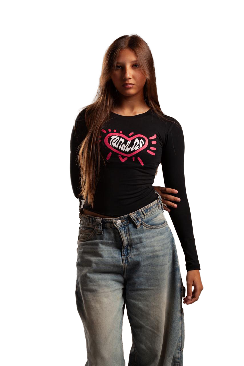 Heart Beat Long Sleeve baby tee(Black)