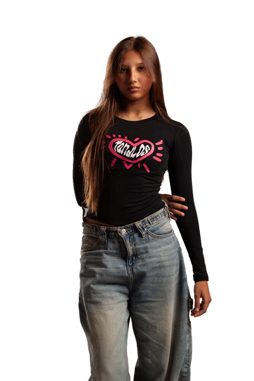 Heart Beat Long Sleeve baby tee(Black)