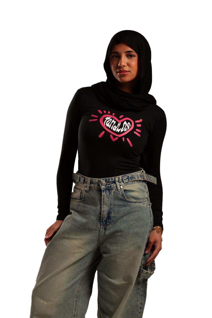 Heart Beat Long Sleeve baby tee(Black)